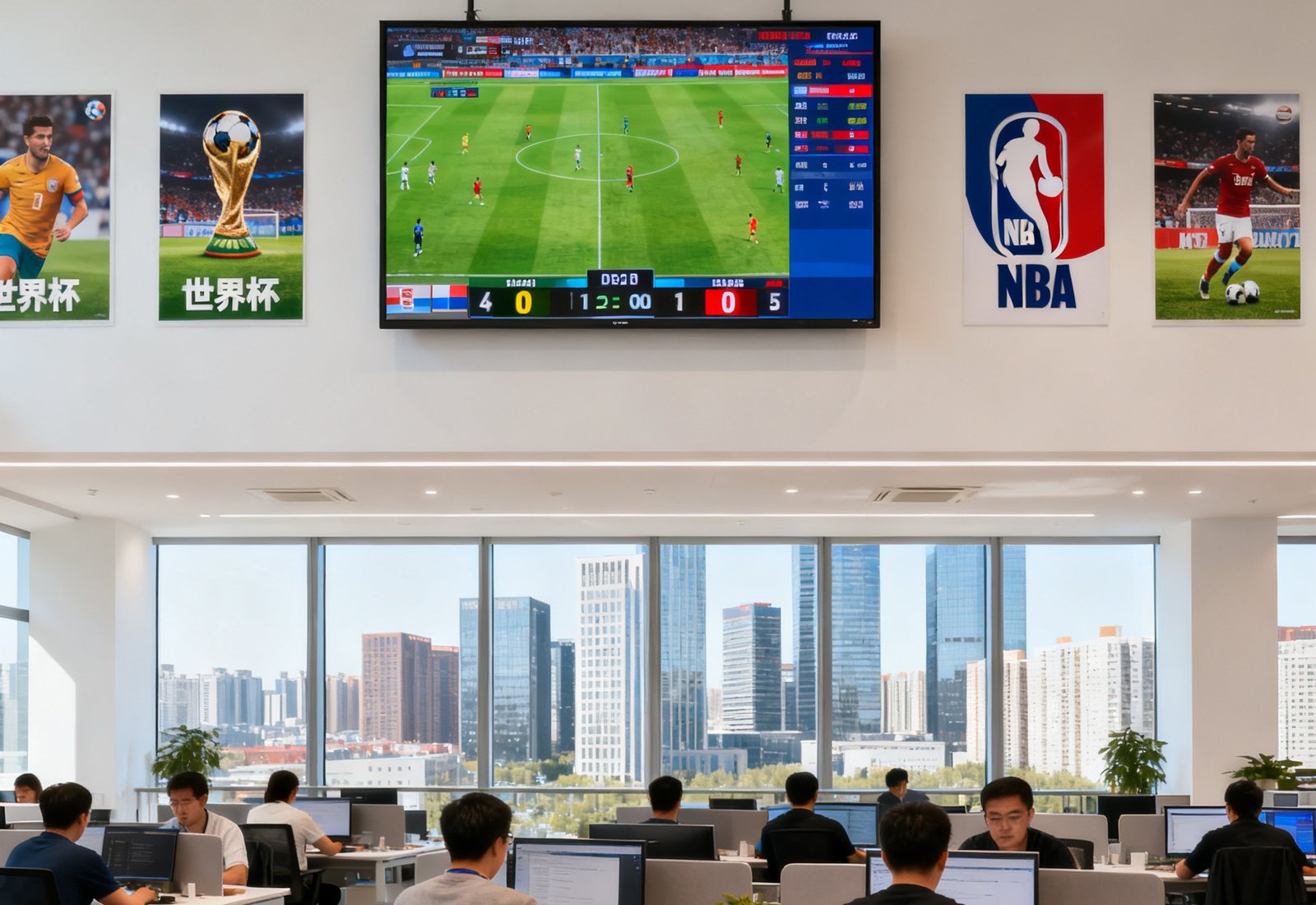 看球直播北京总部办公室内景，开放式办公区宽敞明亮，墙面上装饰着各大体育赛事的海报和实时数据大屏，员工们在工位上专注工作，窗外可见中关村城市景观。